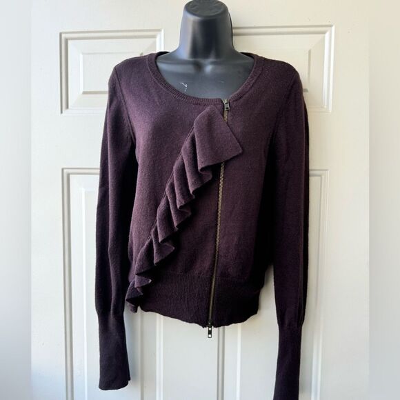 J Crew Merino Wool Ruffle Moto Sweater Exposed Zip Closure S Chocolate - Picture 1 of 11